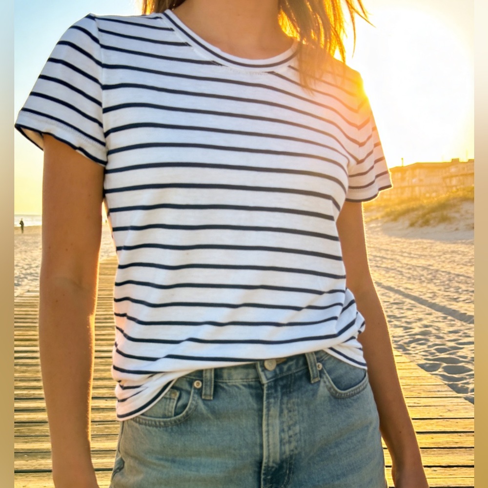J. Crew Navy and White Striped Short Sleeve Relaxed Fit 100% Cotton Girlfriend T